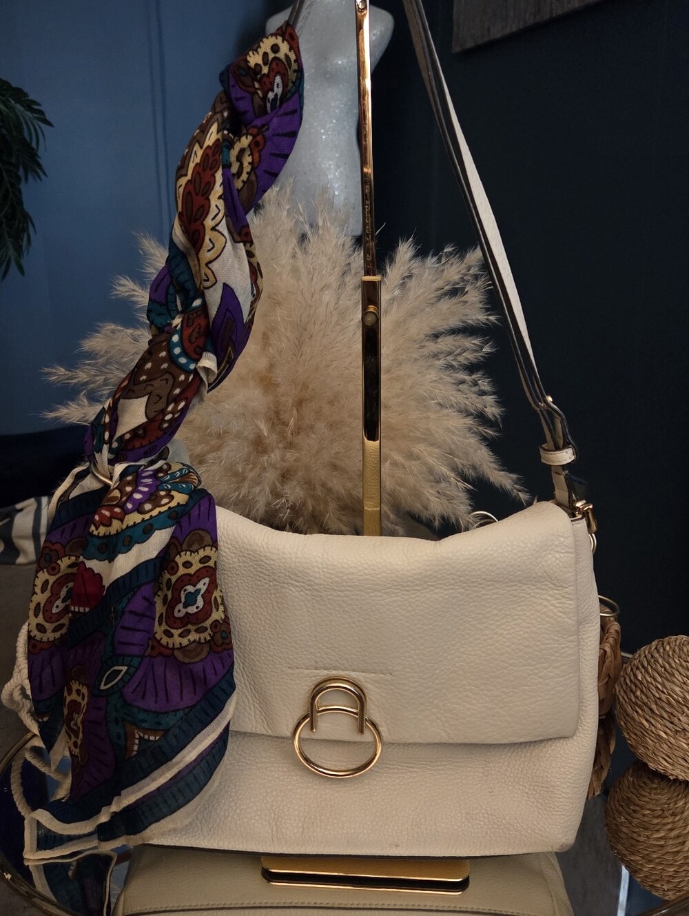 Vince Camuto Ivory Genuine Leather Shoulder Bag Gold Ring Hardware